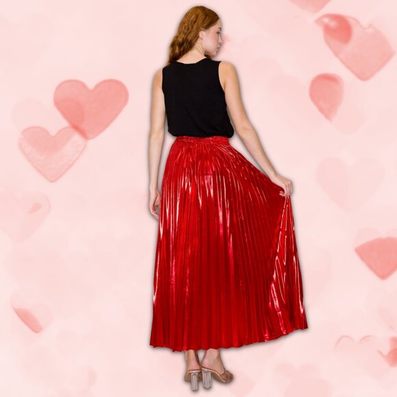 Metallic Pleated Midi Skirt in Red Hot - Picture 3 of 8